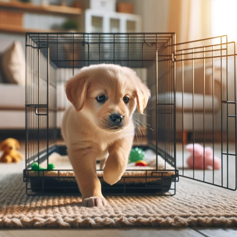 A puppy coming out of its cage, looking curious and playful, in a well-lit room. The cage is open, and the puppy is stepping out cautiously onto a soft rug, with some toys scattered around. The room has a cozy and pet-friendly atmosphere, with a comfortable setting for the puppy to explore.
