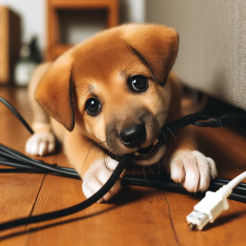 A puppy chewing on an electrical cord, looking mischievous and playful, with wires visible and the puppy's teeth biting into the cord, in a home setting