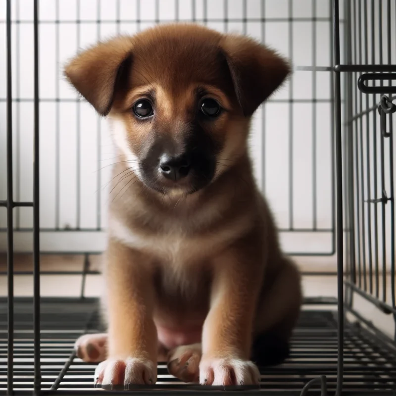 a lonely puppy inside a cage, looking sad and isolated, with a plain background emphasizing the confinement