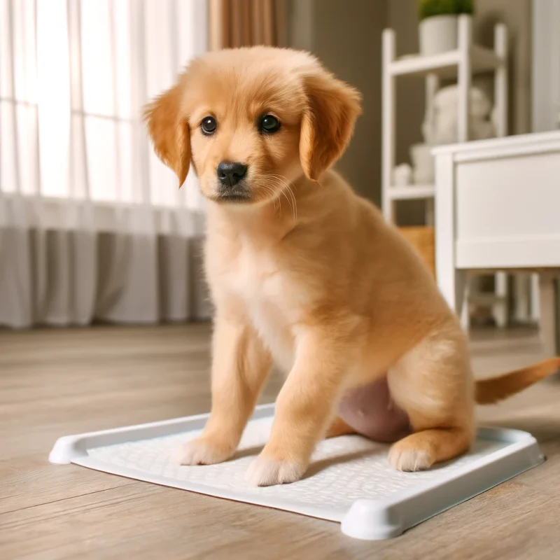 A puppy learning to use a potty pad, looking attentive and in a training session, in a clean, well-lit room