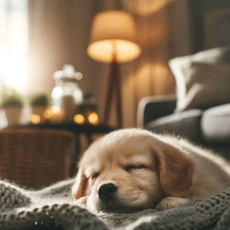 a puppy sleeping peacefully in a living room, on a cozy blanket, with soft lighting and a serene atmosphere