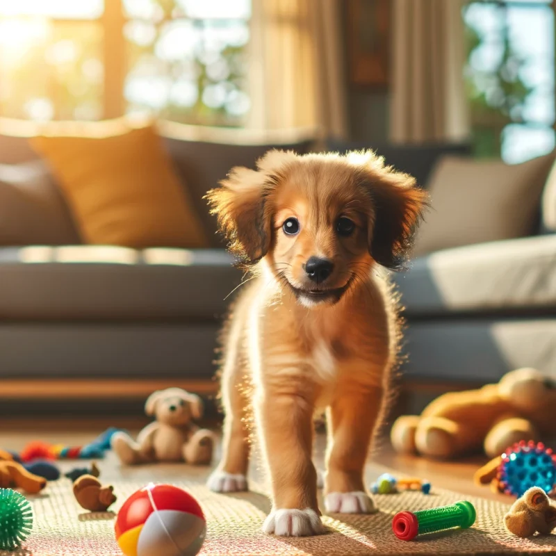 a playful puppy in a living room, with toys scattered around, a comfortable sofa in the background, and warm sunlight streaming through a window